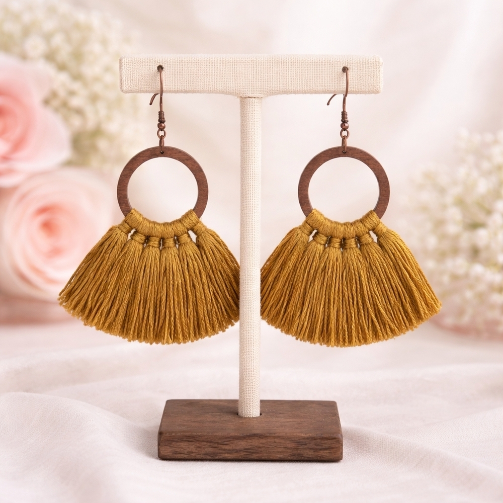 Earthy yellow tassel and wooden earrings